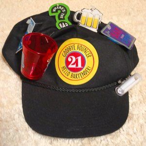 VGUC ~ 21st Birthday Novelty Black Cap with A Drinking Shot Glass & Decorations
